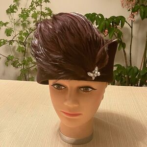 Chic Brown Wool Feathered Hat with Silver Crystal Butterfly Detail